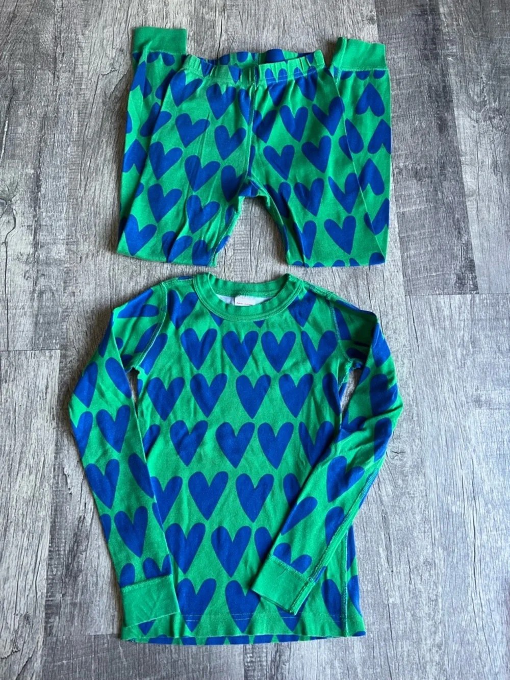 Hanna Andersson Pajama Set Boy Girl Sz 8 Green Blue Hearts Unisex